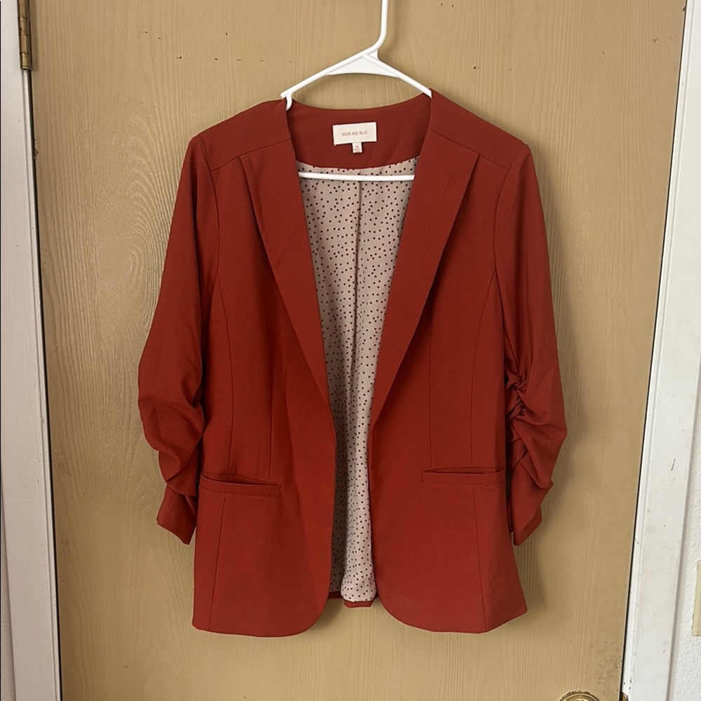 Skies Are Blue Rust Blazer with Ruched Sleeves and Notched Lapels